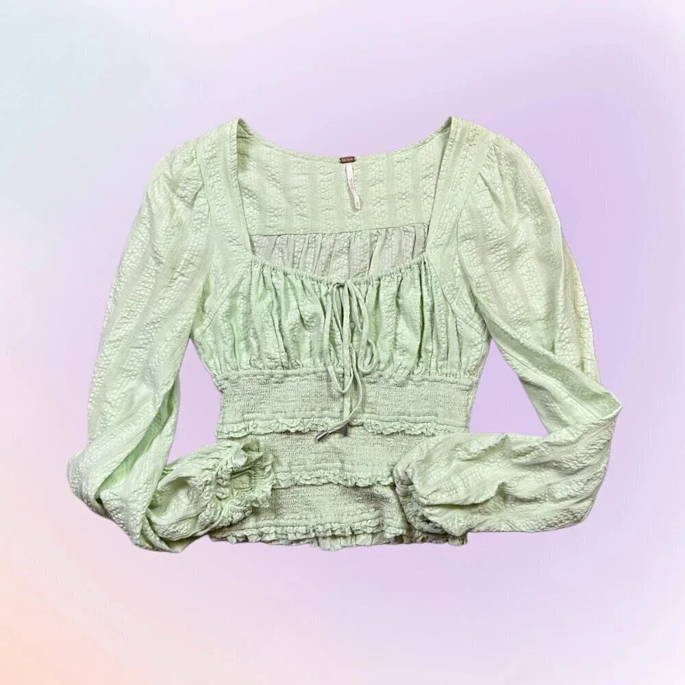 Free People Lolita Peasant Top Neon Pastel Green 100% Cotton Women's X-Small